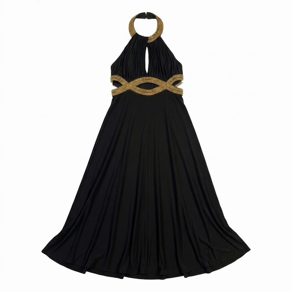 Shimmer by Bari Jay Gold Beaded Black Halter Cutout Maxi Dress 4 Sequin Formal